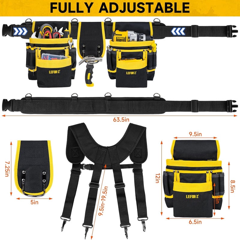 LEFORZ Tool Belt with Suspenders,27-Pockets Heavy Duty Tool Belts for Men with Magnetic Tool Pouch,Detachable & Adjustable Work Belt Bag for Electrician,Carpenter,Construction,Utility Toolbelt,Black,Yellow - Image 2